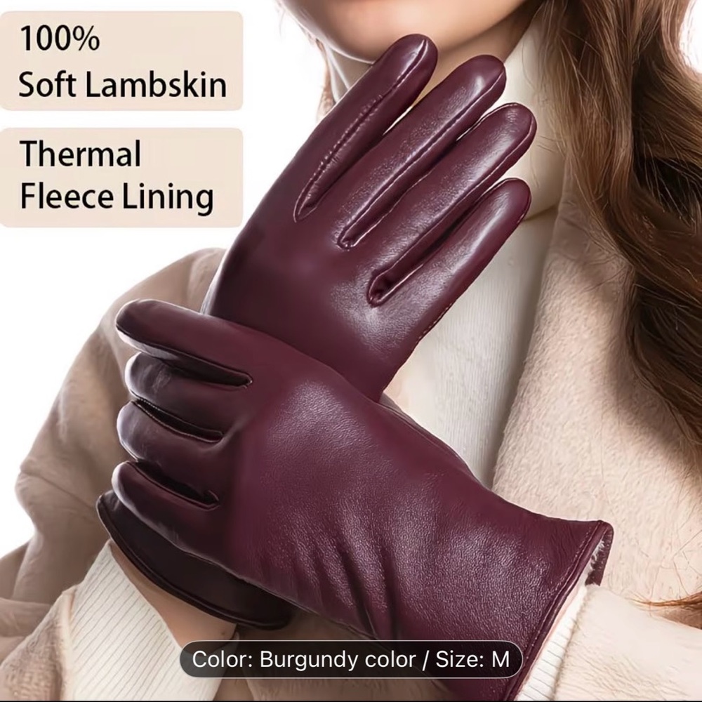 Genuine Burgundy Lambskin Gloves Fleece Lining All-Finger Touchscreen Gift Box